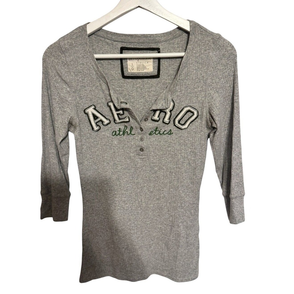 Aeropostale Henley Shirt Athletics Graphic Large Gray Womens Y2K Ribbed Top